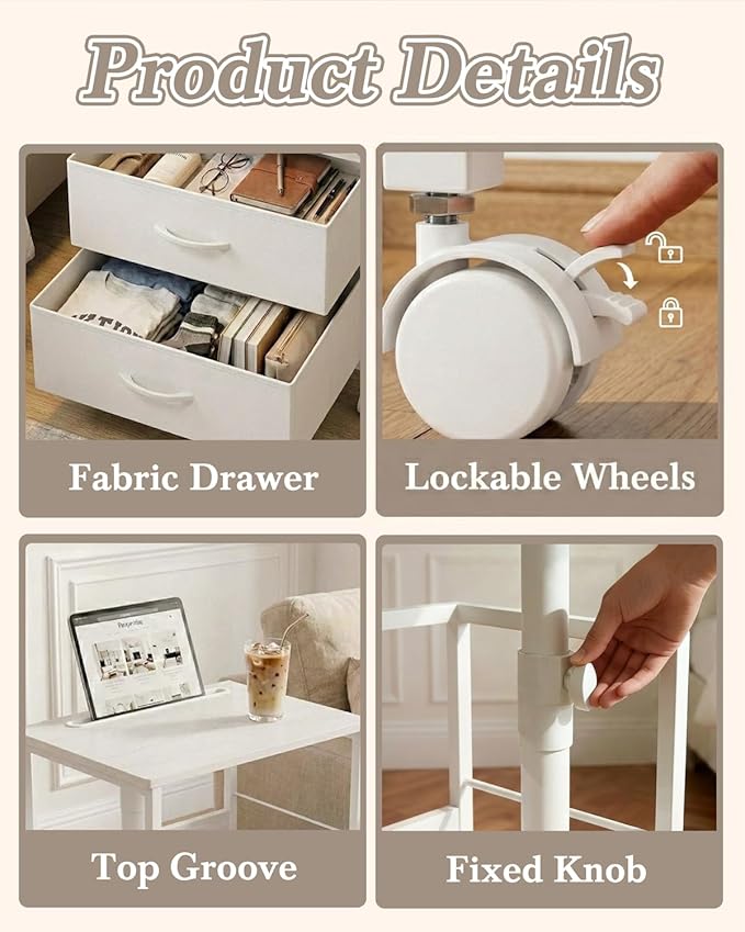 360° Swivel Nightstand with Height Adjustable, Lift Top Bedside Table with Charging Station, Rolling Night Stand with 2 Fabric Drawers, End Table with Wheels, for Bedroom, Living Room, White