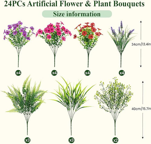 Alupssuc 24 Bundles Artificial Flowers for Outdoors Planters Spring Decoration, UV Resistant Faux Eucalyptus Violet and Lavender Silk Fake Plants for Outside Indoor Yard Home Patio Decor, Mix 3 Colors