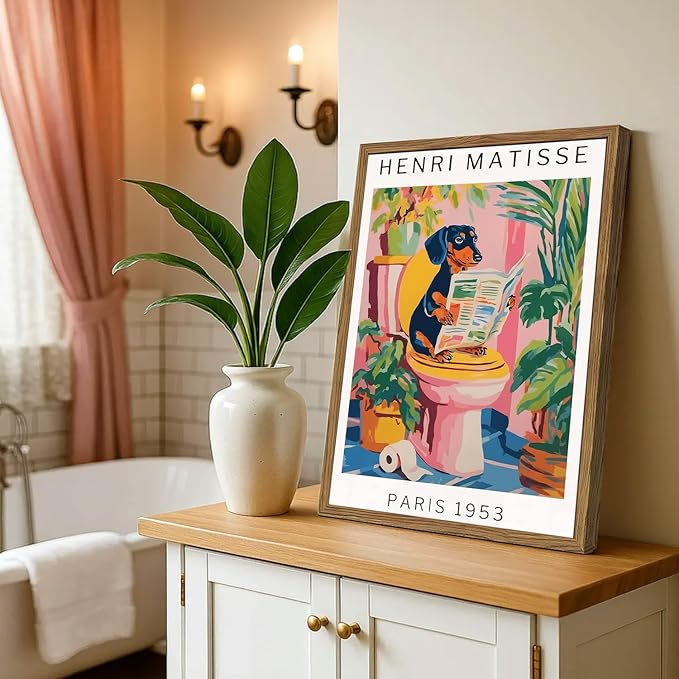 Funny Dog Bathroom Wall Art Henri Matisse Dachshund Bathroom Wall Decor Picture Whimsical Puppy Reading Newspaper in Toilet Poster Painting Canvas Print 12x16 inch Wood Framed