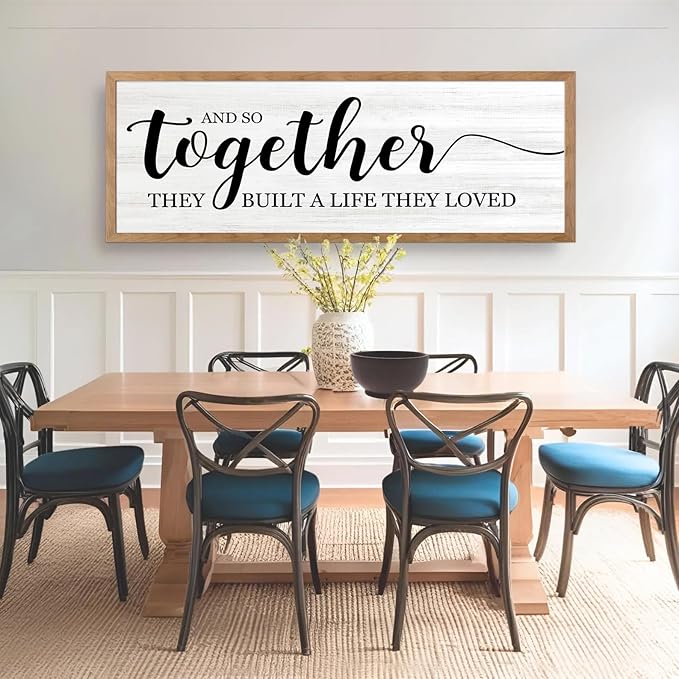 And So Together They Built A Life They Loved Decorative Rustic Sign & Plaque Framed Wall Art for Couples, 40''×15'' Vintage Wooden Horizontal Wall Decor Above Bed, Farmhouse Wedding Gift