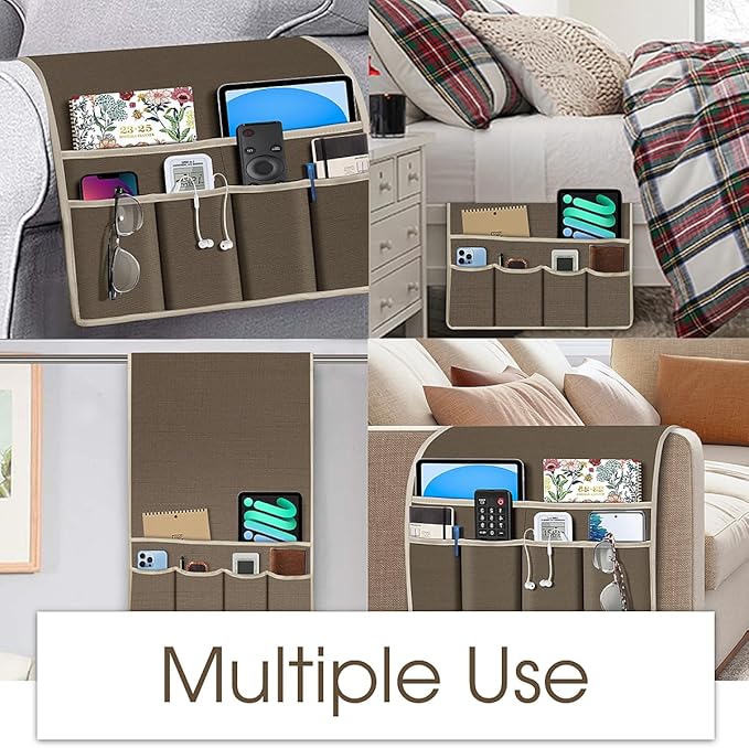 Joywell Armrest Organizer Remote Holder for Recliner Armchair Caddy Couch Sofa Arm Chair Caddie with 6 Pocket Storage for Magazine, Phone, iPad,Dark Camel