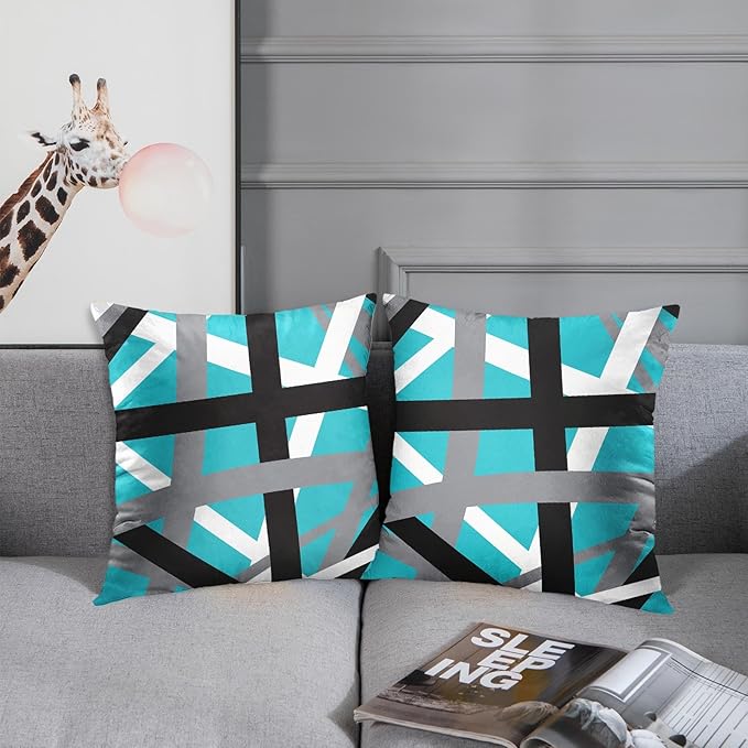 Emvency Set of 2 Throw Pillow Cover Turquoise Black Stripes Grey White Design Retro Teal Decorative Pillow Case Striped Home Decor Square 18x18 Inch Cushion Pillowcase
