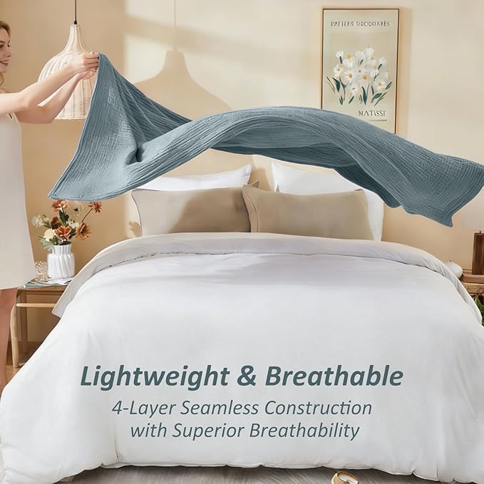 EMME Cotton Muslin King Blanket Bed Layering Bedspread Coverlet Breathable Gauze Blanket Soft Lightweight (Heather Teal, 108"x90")