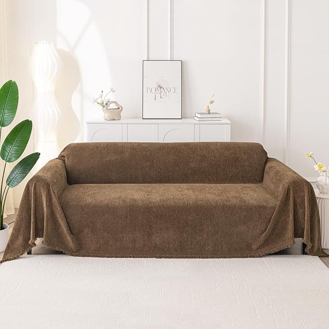 Smiry Couch Cover for Dogs, Washable Chenille Sofa Covers for 3 Cushion Couch, Soft Sofa Slipcover for Pets, Thick Sectional Furniture Protector with Tassels (Chocolate, 88.5x118 Inch)