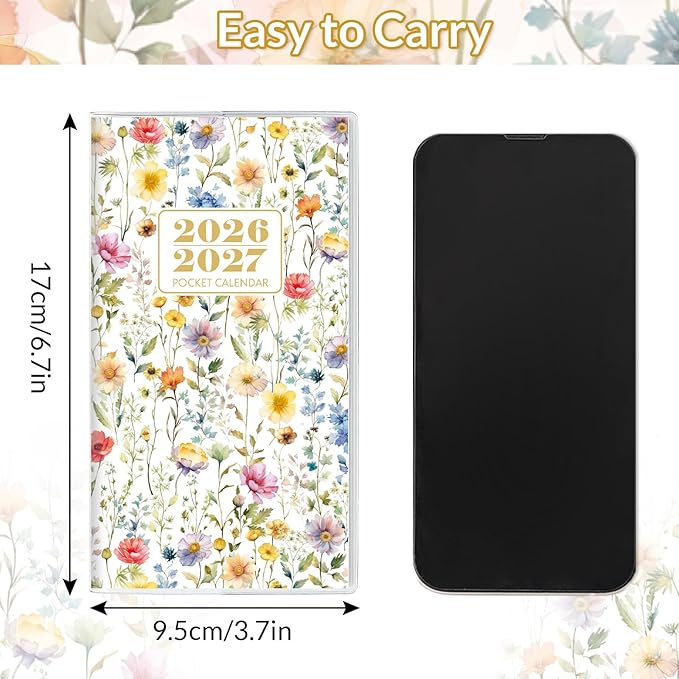 Pocket Calendar 2026-2027, Floral 2026-2027 Monthly Planner - 3.7" x 6.7" - Runs from January 2026 Until December 2027, 2026 Pocket Planner with PVC Cover for Student, Women, Office Supplies