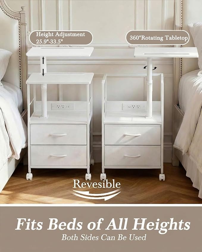 360° Swivel Nightstand with Height Adjustable, Lift Top Bedside Table with Charging Station, Rolling Night Stand with 2 Fabric Drawers, End Table with Wheels, for Bedroom, Living Room, White