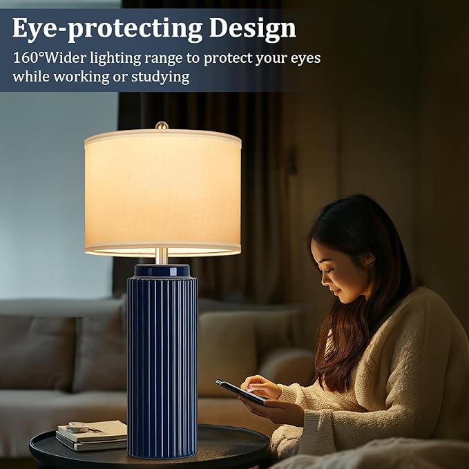 28’’ Modern Ceramic Table Lamps for Living Room Set of 2, Tall Farmhouse Bedside Lamps with Linen Shade, Dark Blue Rustic Nightstand Lamps for Bedroom, Vintage End Table Lamps for Office Hallway