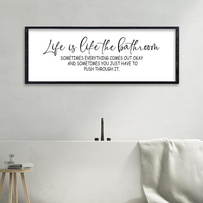comurdyo Funny Motivational Life Is Like The Bathroom Humorous Wall Decor Art 32"×12" for Farmhouse Bathroom Restroom Toilet Shelves Sign Large Modern Rustic Wooden Framed Wall Hanging (Black)