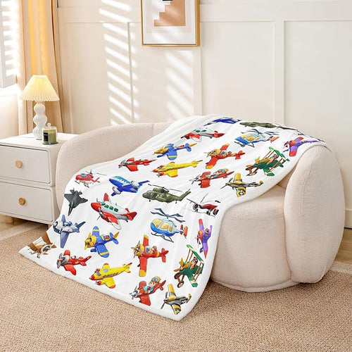 Aircraft Sherpa 3D Print Airplane Blanket Throw for Kids & Teens, Fighter Flight Helicopter Fleece Blanket, Cartoon Aviation Theme Fuzzy Ultra Soft Queen 90"x90" White