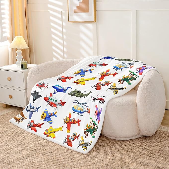 Aircraft Sherpa Blanket - 3D Printed Airplane Blanket Throw for Kids & Teens, Fighter Flight & Helicopter Theme, Ultra Soft Fuzzy Fleece, 50"x60" White