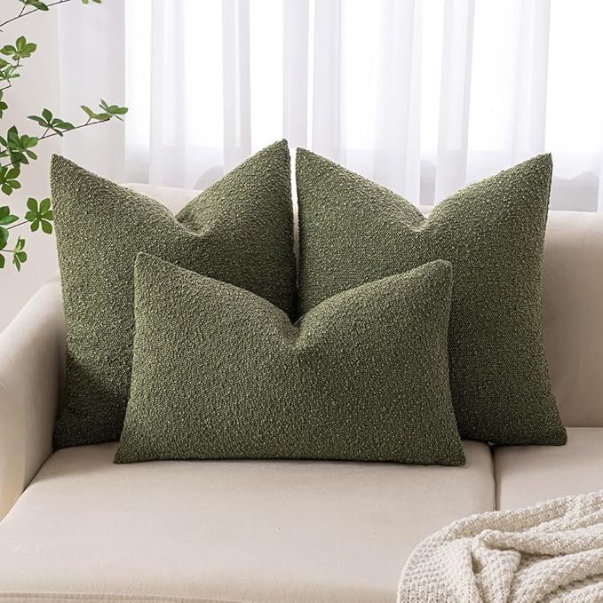MIULEE Textured Boucle Throw Pillow Cover Olive Green Accent Solid Lumbar Spring Pillow Case Decorative Soft Pack of 1 Couch Cushion Chair Sofa Bedroom Livingroom Home Decor,12x20 Inch