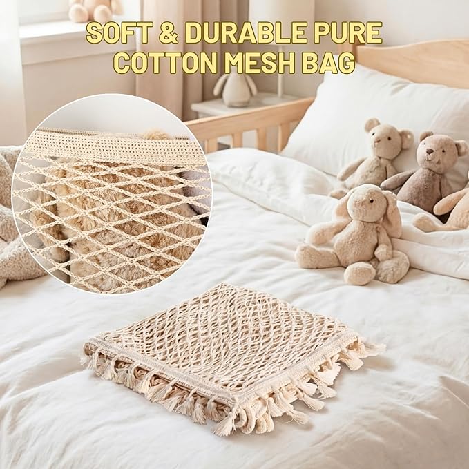 Ofiray-home Stuffed Animal Hammock, Bedside Stuffed Animal Storage Net Corner - Kids Nursery Wall Bedroom Home Decor, Cotton Bedside Toy Organizer Net with Tether, Stretches up to 47.25 In, Beige