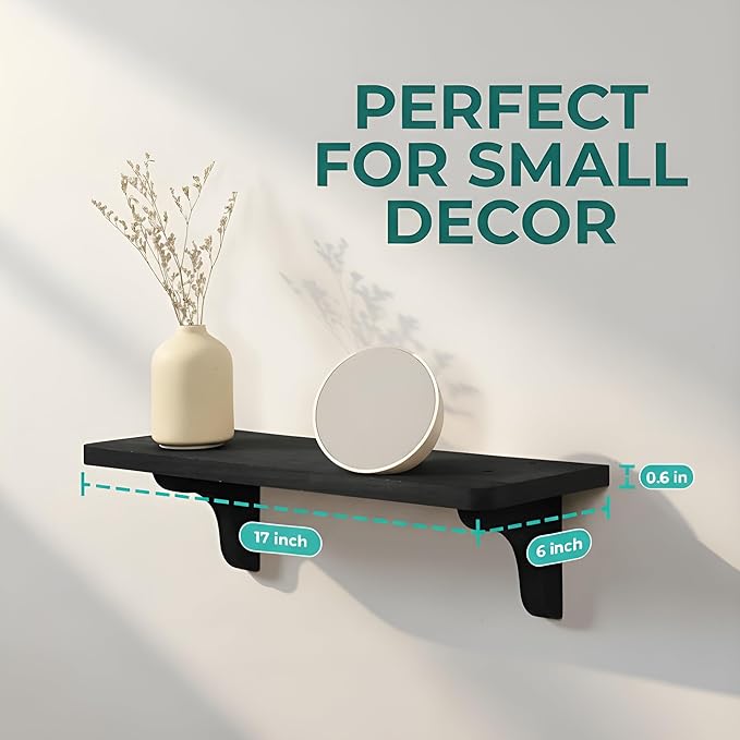 Real Wood Black Wall Shelves - 17 inch (2 Pack) - Easy to Install, Template and Video Included - Black Wall Shelving, Shelves for Bedroom, Shelves for Wall Decor