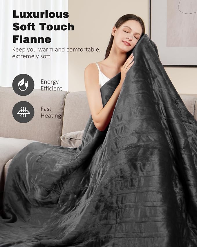 Heated Blanket Throw w/ 2 Wearable Buttons, Soft Flannel & Warm Sherpa Electric Blanket Fast Heating with 9 Heat Levels, 10 Time Settings, Over-Heat Protection, ETL Certified, 50"x60", Grey