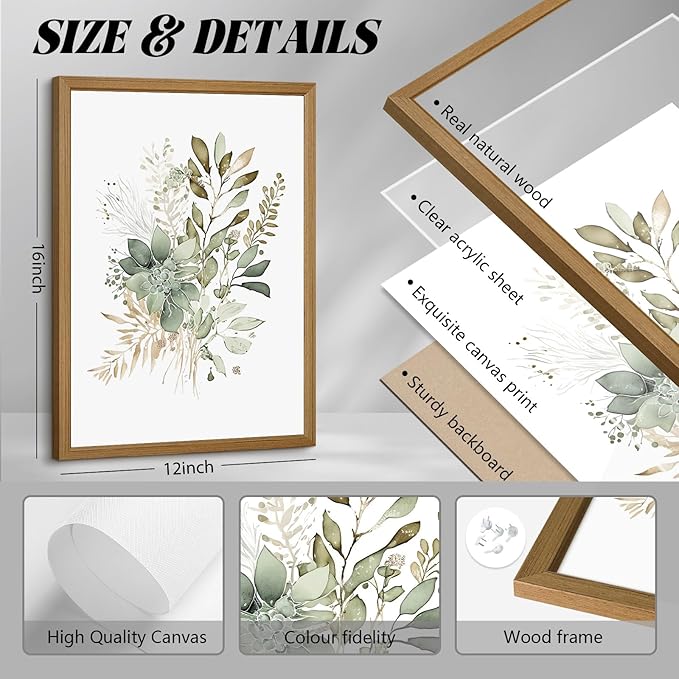 Joocrise Wooden Frame Watercolor Botanical Wall Art Boho Floral Canvas Wall Decor Prints Sage Green Wildflower Wall Art Modern Flower Pictures Botanical Painting for Bedroom Bathroom 12x16x3 Inch