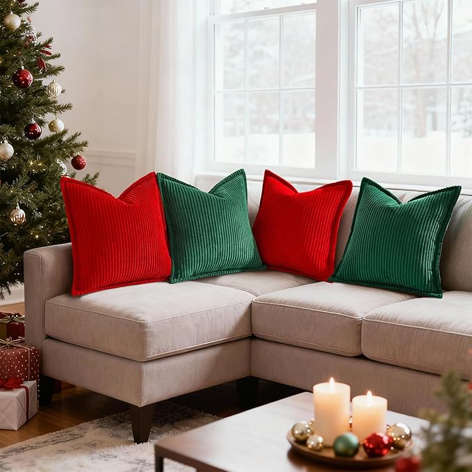 Mecatny Christmas Corduroy Throw Pillow Covers 12x20 Set of 2, Neutral Decorative Soft Boho Lumbar Couch Pillow Covers with Broadside for Sofa Living Room, Green