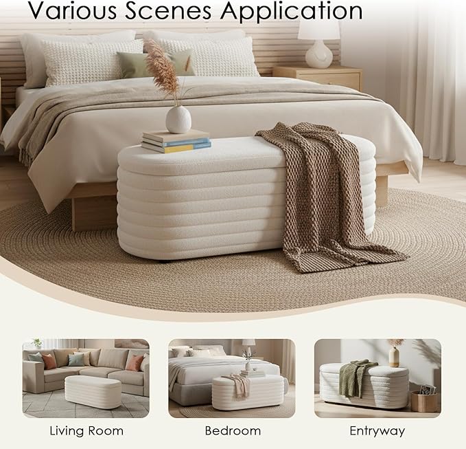 Storage Teddy Ottoman Bench Upholstered Fabric Storage Bench End of Bed Stool with Safety Hinge for Bedroom, Living Room, Entryway, Closet(45.5", White)