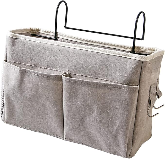flexman Nightstand Hanging Bag, Hook Design Bedside Storage Pocket Organizer Basket with Metal Bracket and Wear Resistant Fabric for Kitchen Wardrobe Doors, Hanging Rods(Gray)