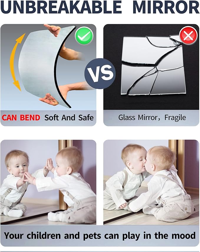 Shatterproof Full Length Mirror Tiles for Wall,Body Mirror for Kids,4Pcs 16"x16",Frameless Plexiglass Acrylic Plastic,Unbreakable Acrylic Non Glass Self Adhesive Wall Mounted for Home,Bathroom,Door