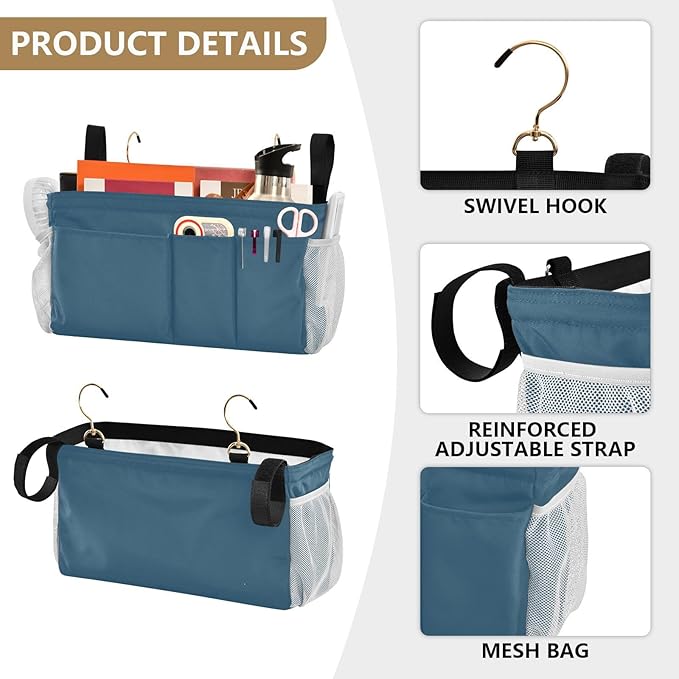 DOMIKING Caribbean Blue Bedside Caddy for Dorm Bed Recliner Armrest Organizer with Hooks Haning Storage Pockets for Bunk Bed Headboards Rails