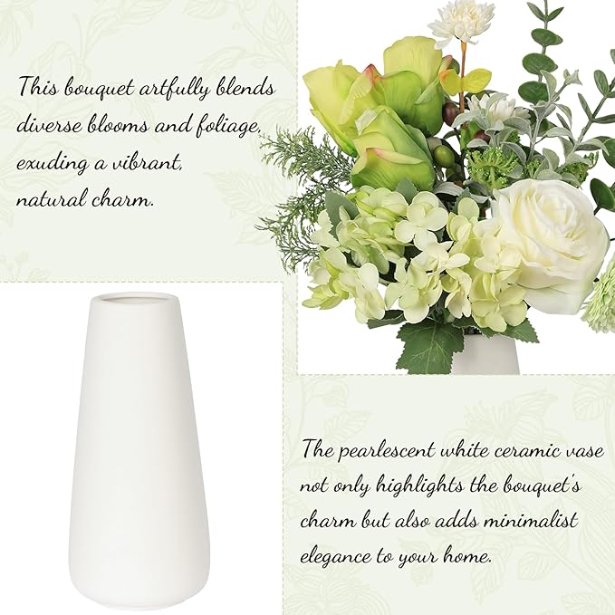 Small Faux Flower Bouquet in White Ceramic Vase (15.75" Tall) - Green & White Artificial Floral Arrangement for Coffee Table Centerpiece, Bathroom & Office Desk Decor