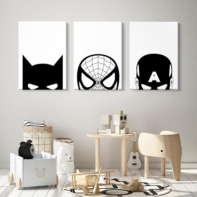 Pennclys Superhero Spiderman Canvas Wall Art Black and White Wall Art Superhero Posters Spiderman Pictures Painting Wall Decor Superhero Poster for Living Room Bedroom 16x24x3 Inch Ready to Hang