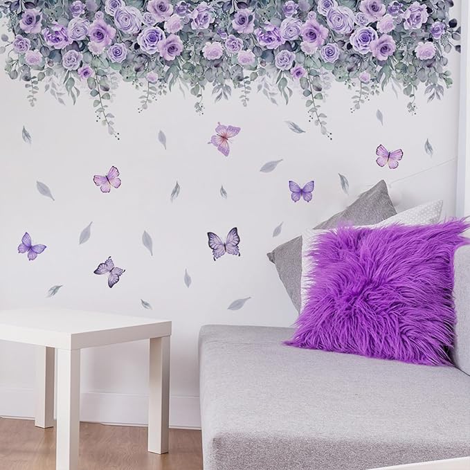 TUOKING Purple Rose Wall Stickers Removable Butterfly Wall Murals Peel and Stick Wall Art Decal Home Decor for Kitchen,Bedroom,Living Room(MS2306)