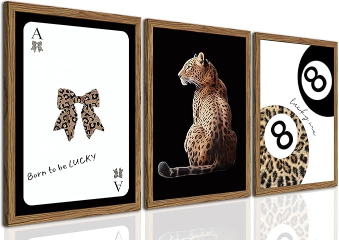 Trendy Cheetah Wall Art Set of 3 Black and White Leopard Bow Wall Decor Painting Lucky 8 Ball Poster Canavs Print Aesthetic for Bedroom Living Room 12x16 inch Wood Framed