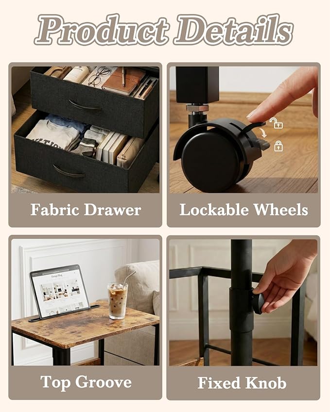 360° Swivel Nightstand with Height Adjustable, Lift Top Bedside Table with Charging Station, Rolling Night Stand with 2 Fabric Drawers, End Table with Wheels, for Bedroom, Living Room, Brown Black