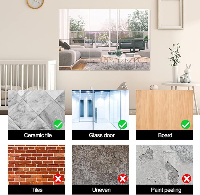 12" x 12" Acrylic Flexible Mirror Sheets, 12 Pack Self-Adhesive Mirror Tiles, Square Cuttable Wall Stickers, Non-Glass, Safety Reflective for DIY Craft Home Wall Decor