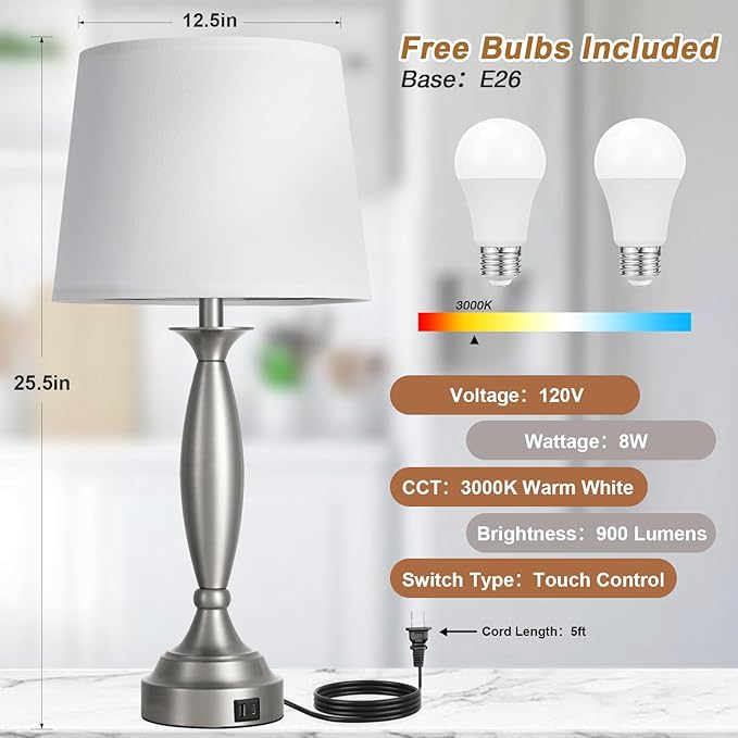 Seealle 25.5" White Lamps for Bedrooms Set of 2 - Touch Control Bedside Lamp with USB C+A, 3 Way Dimmable Nightstand Lamps with USB Port, Table Lamp for Living Room(White Shade and Nickel Base)