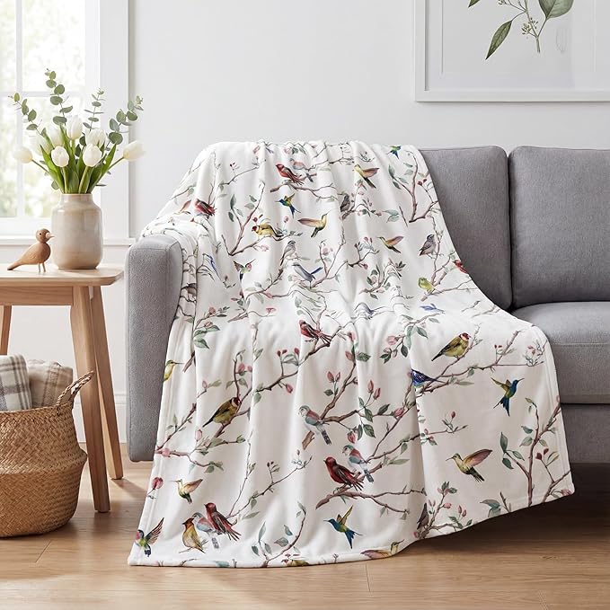 Horaldaily Spring Summer Flannel Blanket Throw, Birds Branch White Floral Soft Fuzzy Plush Cozy Fleece Blankets for Couch Sofa Bed Lounging, Ideal Gifts for Kids Adults Self, 60x80