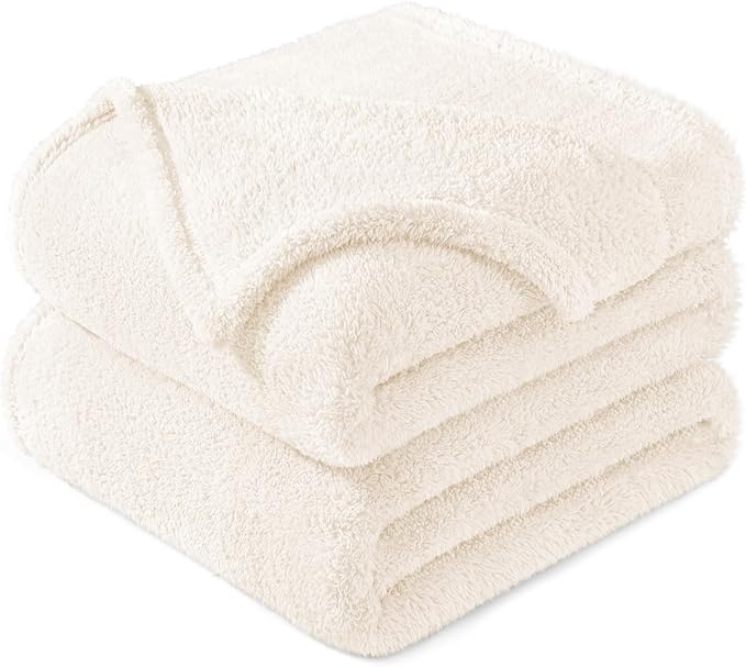 Exclusivo Mezcla Queen Size Blanket for Bed, Super Soft Velvet Plush Fleece Blankets, Fuzzy Cozy and Warm for Winter, 90x90 Inches, Ivory