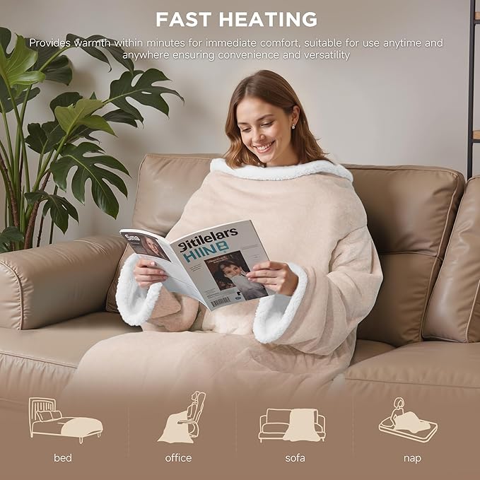 Heated Blanket Throw - Wearable Electric Blanket with 6 Heat Levels & 9 Hours Auto Off,Gifts for Women,Home Office Use,Machine Washable,50"x70"(Beige)