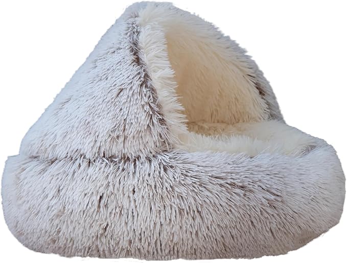 Calming Round Dog Bed & Cat Cave with Hooded Cover, Plush Fluffy Anti-Anxiety Cat Bed, Waterproof Bottom Washable (Coffee, 20x20inch)