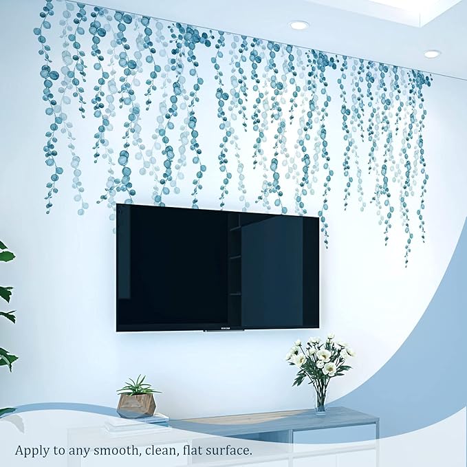Blue Hanging String of Pearls Succulents Vine Wall Decals Peel and Stick, Large Plants Leaf Vinyl Wall Stickers, Removable Home Decor Art for Bedroom Living Room Classroom Office