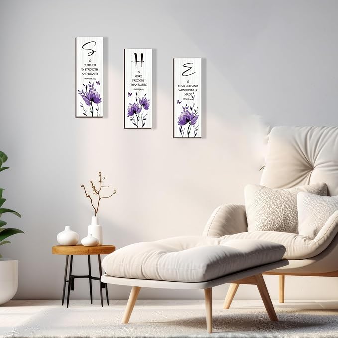 DONFENTHY 3 Pieces Inspirational Purple Floral Wall Decor Wooden Hanging Wall Art Christian Quotes SHE Word Sign Gift for Girl Teen Women Bedroom Bathroom Living Room Nursery Office (Purple 12x4 Inch)