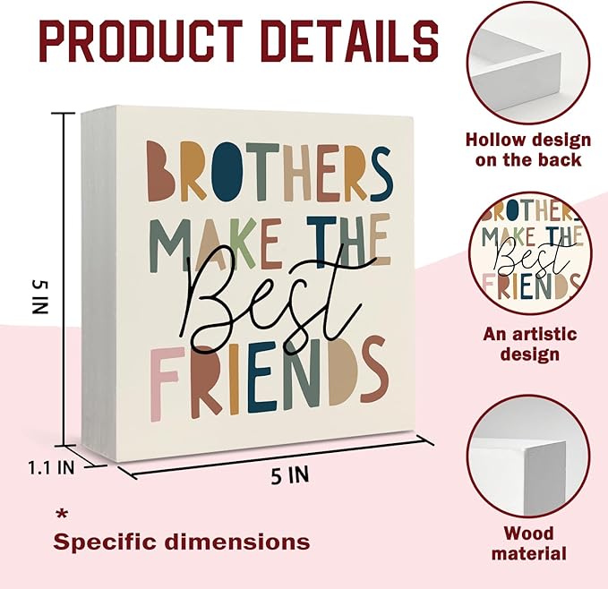 Lacama Boho Boy Nursery Wooden Box Sign, Brothers Make the Best Friends Decorations Wood Block Signs, Boho Nursery Wood Sign for Toddler Boys Room Bedroom Desk Shelf Wall Decor 5x5 Inches