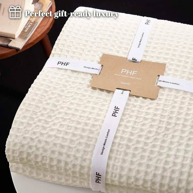 PHF Ultra Soft Waffle Weave Blanket King Size 104"x 90"- Washed Lightweight Breathable Cozy Woven Blanket for Bed - Aesthetic Decor for Couch Bedding Sofa Home Car - Coconut White