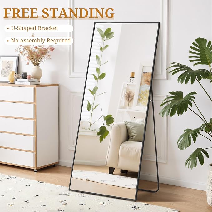 Full Length Mirror 65"x24" Full Body Mirror Rectangle Free Standing Wall Mounted Leaning Floor Mirrors with Stand Aluminum Alloy Frame for Bedroom Cloakroom, Black