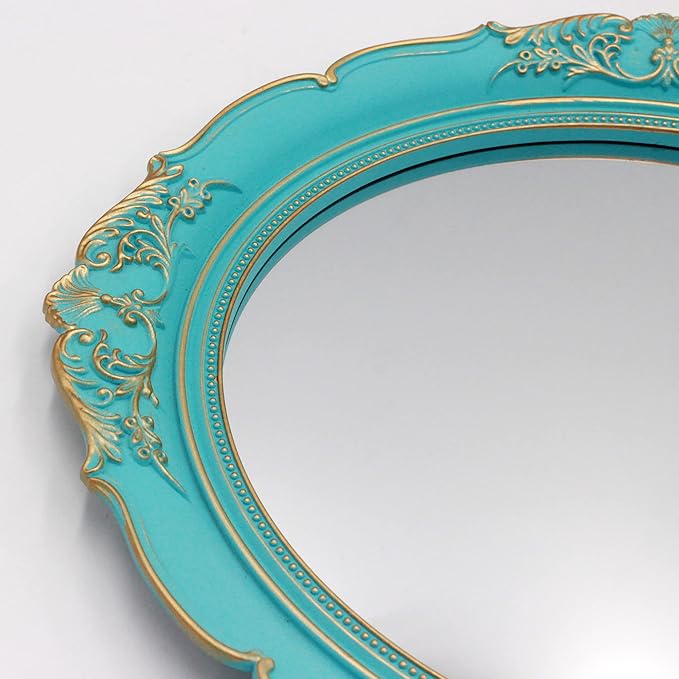 Eaoundm 13.1 x 14.8 inchs Decorative Wall Mirror,Vintage Hanging Mirrors for Bedroom Living-Room Dresser Decor Oval Blue Plastic Frame
