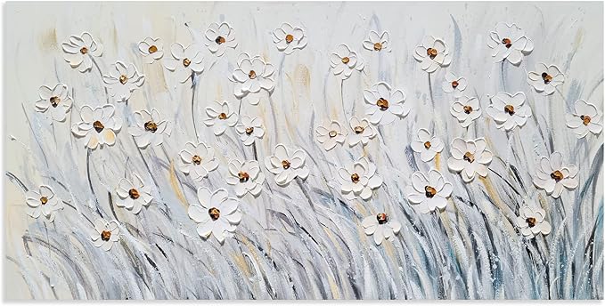 SYGALLERIER 3D White Floral Large Canvas Wall Art Hand Painted Textured Wall Art Modern Abstract Painting Aesthetic Pictures for Living Room Bedroom Bathroom Decoration