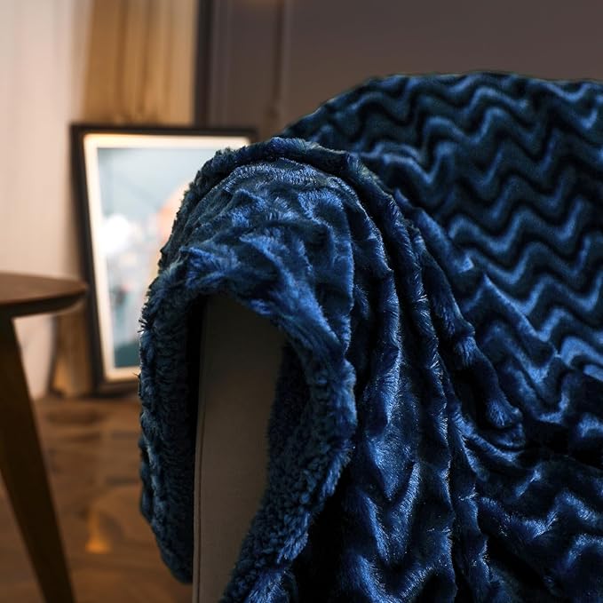 Whale Flotilla Faux Fur Sherpa Twin Size Blanket for Bed, Cozy Reversible Fuzzy Fluffy Plush Blankets for All Season, Warm and Soft, 60x80 Inch, Navy