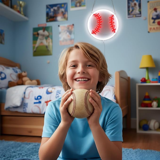 Baseball Neon Sign for Wall Decor, Dimmable LED Light with Printed Design for Bedroom Sports Room Decor, Baseball Gifts for Boys 8-12, 9 x 9 Inches