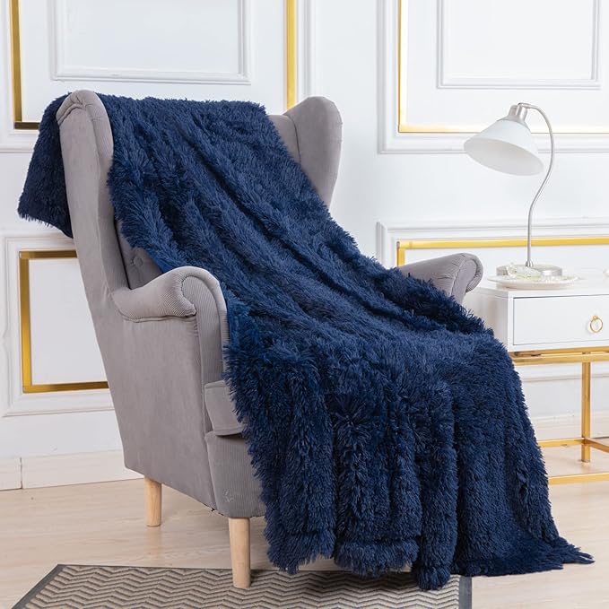 YUSOKI Long Faux Fur Throw Blanket for Sofa Couch,2 Layers,2.1lb,All Ages,Home Decoration, (Navy Blue,50" x 60")
