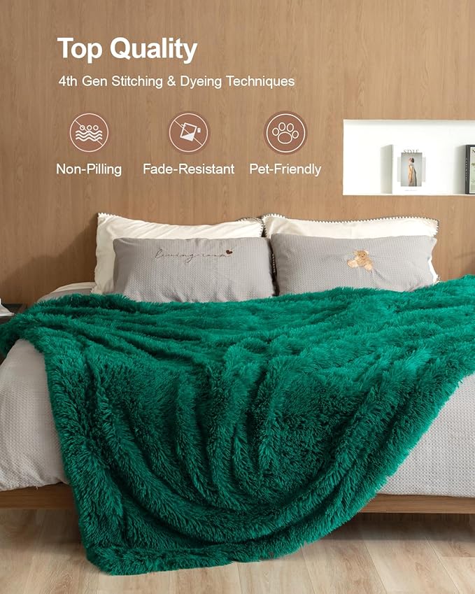 Pawque Faux Fur Throw Blankets 50x60 Inches, Soft Fuzzy Fluffy Blanket, Warm Thick Sherpa Long Hair Shag Reversible Lightweight Cozy Throw for Bedroom Sofa Couch, Green