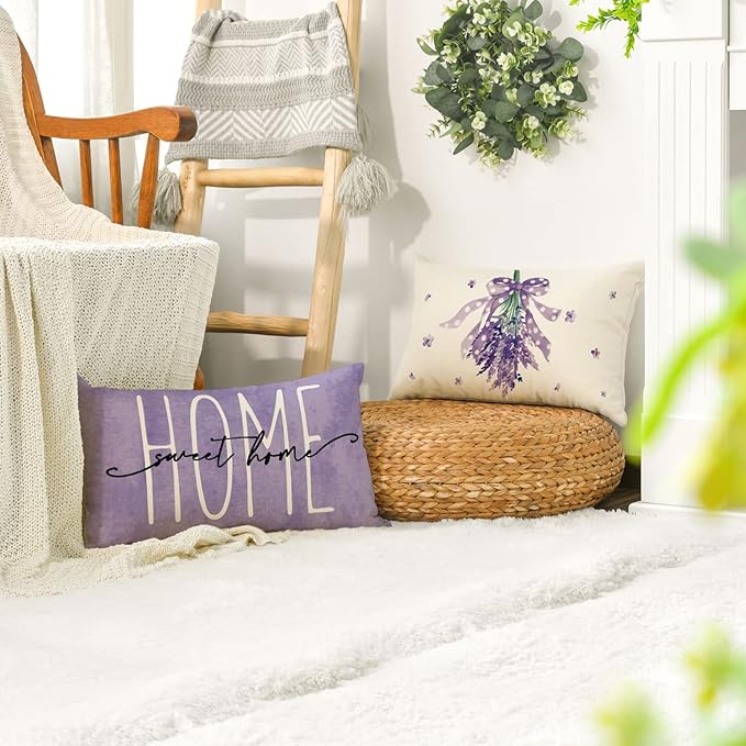 AVOIN colorlife Lavender Bless This Home Spring Throw Pillow Covers, 12 x 20 Inch Purple Cushion Case for Sofa Couch Set of 4