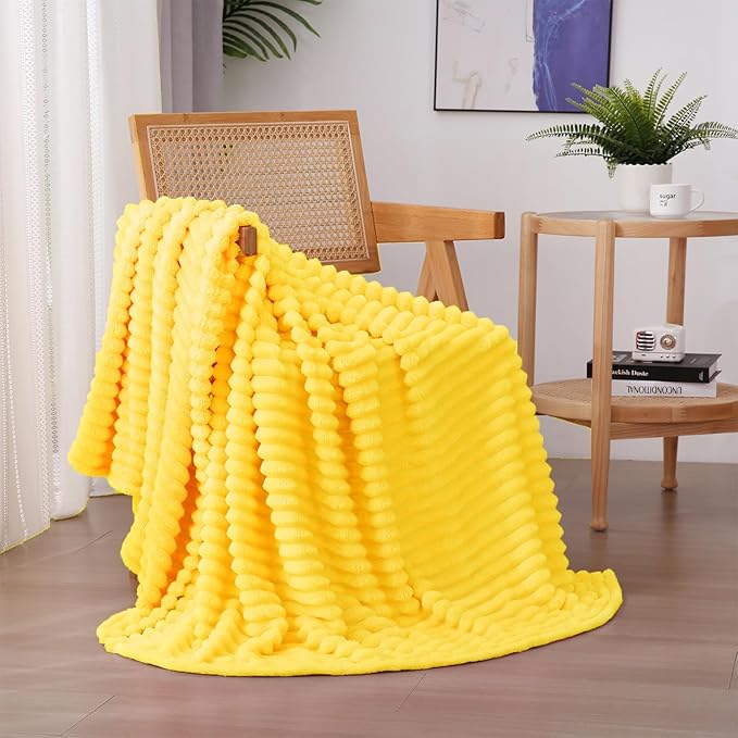 Bright Yellow Fleece Throw Blanket 60”×80” for Couch Sofa Bed,Super Soft Cozy Plush Microfiber Flannel Blanket with Stripes Design Lightweight for Adults,Woman,Girls