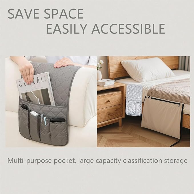 Remote Control Holder for Couch, Armchair Caddy for Recliner Sofa Armrest Organizer, PU Waterproof Non-Slip Bedside Storage with 5 Pocket for Cell Phone TV Remote Magazine Tablet Glass Brown