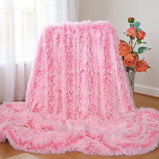Plush Super Soft Blanket Bedding Sofa Cover Furry Fuzzy Fur Warm Throw Qulit Cozy Couch Blanket for Winter (51"x63",Pink and White)